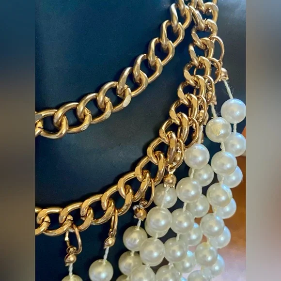 White Faux Pearl w/Gold Tone Statement Bib or Draped Multi-Strand necklace. - Picture 5 of 9